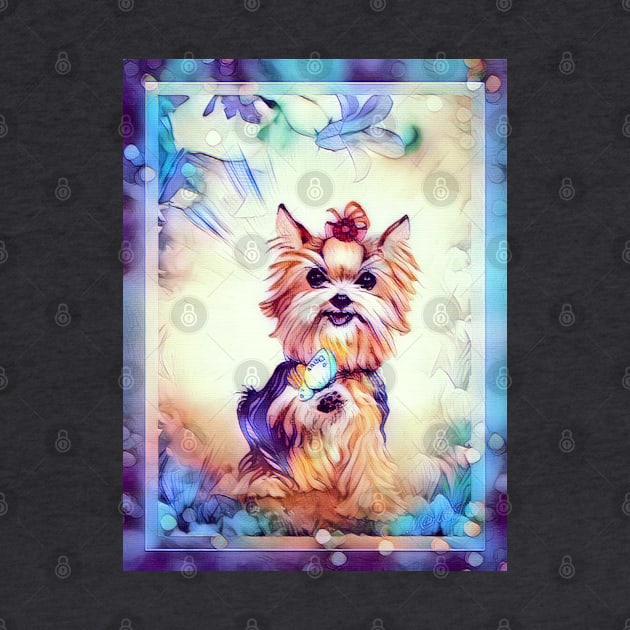 SUMMERTIME YORKIE. Yorkshire Terrier in a field of butterflies and flowers. by chepea2